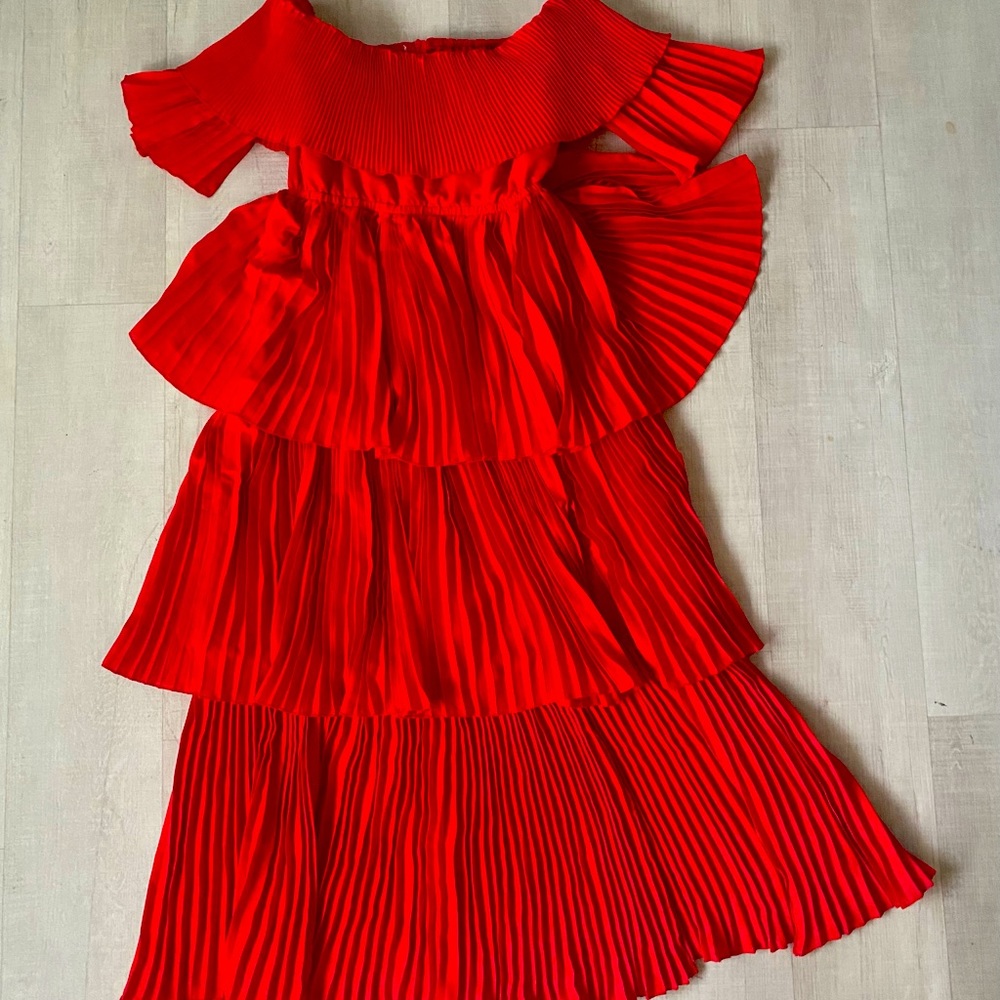 Red Layered Pleated Dress